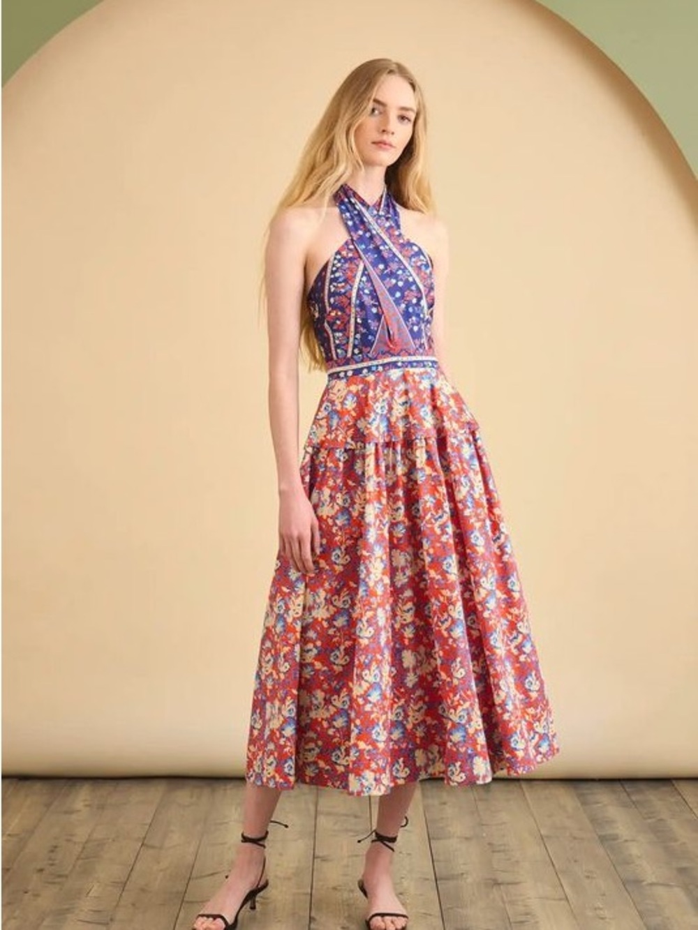 NWT HUNTER BELL Red Floral Halter Midi Dress with Blue Printed Bodice